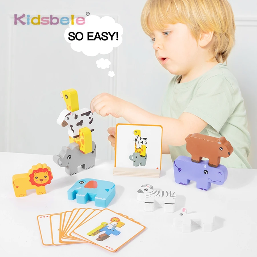 

Wooden Animal Stacking Blocks Balancing Toy Montessori Educational Toy with Cards for Toddler Interactive Family Game Party Gift