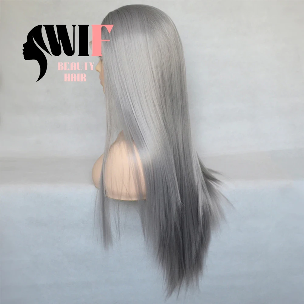 Wig sintetis abu-abu panjang renda lurus Wig depan sutra lurus bagian bebas Wig sintetis serat panas garis rambut alami penggunaan Cosplay rambut wanita