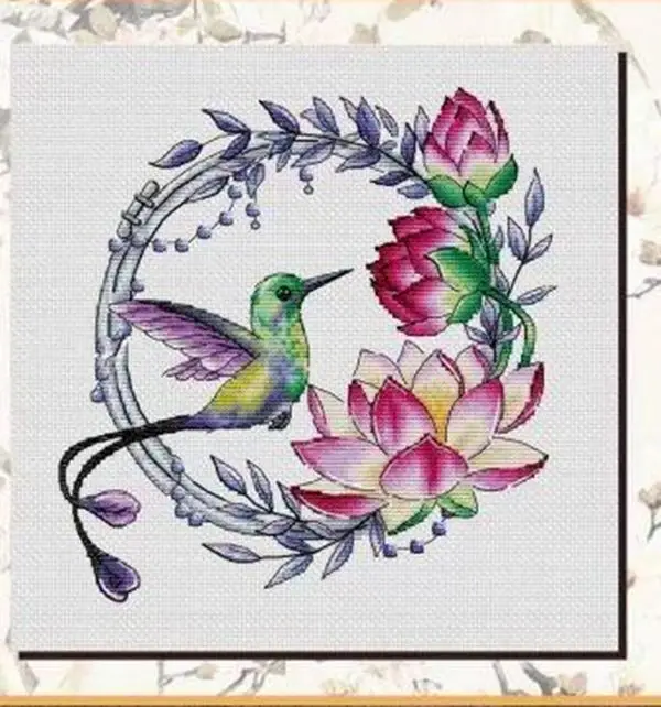 lotus hummingbird wreath 30-31 Cross Stitch Ecological Cotton Thread  Embroidery Home Decoration Hanging Painting Gift