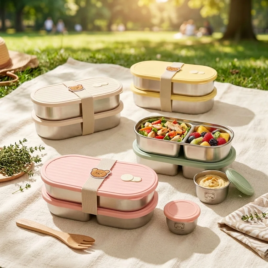 Large Capacity Divided Bento Lunch Box For Students 304 Stainless Steel Fruit Salad Food Container With Sauce Box Microwave Safe