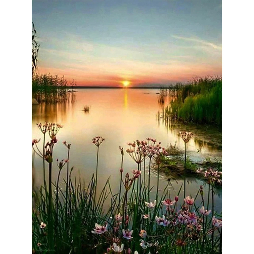 Meian Seaside Landscape Sunset 11/14CT Cotton Thread Printed Canvas Cross Stitch Embroidery Kits Needlework Home Decoration Gift