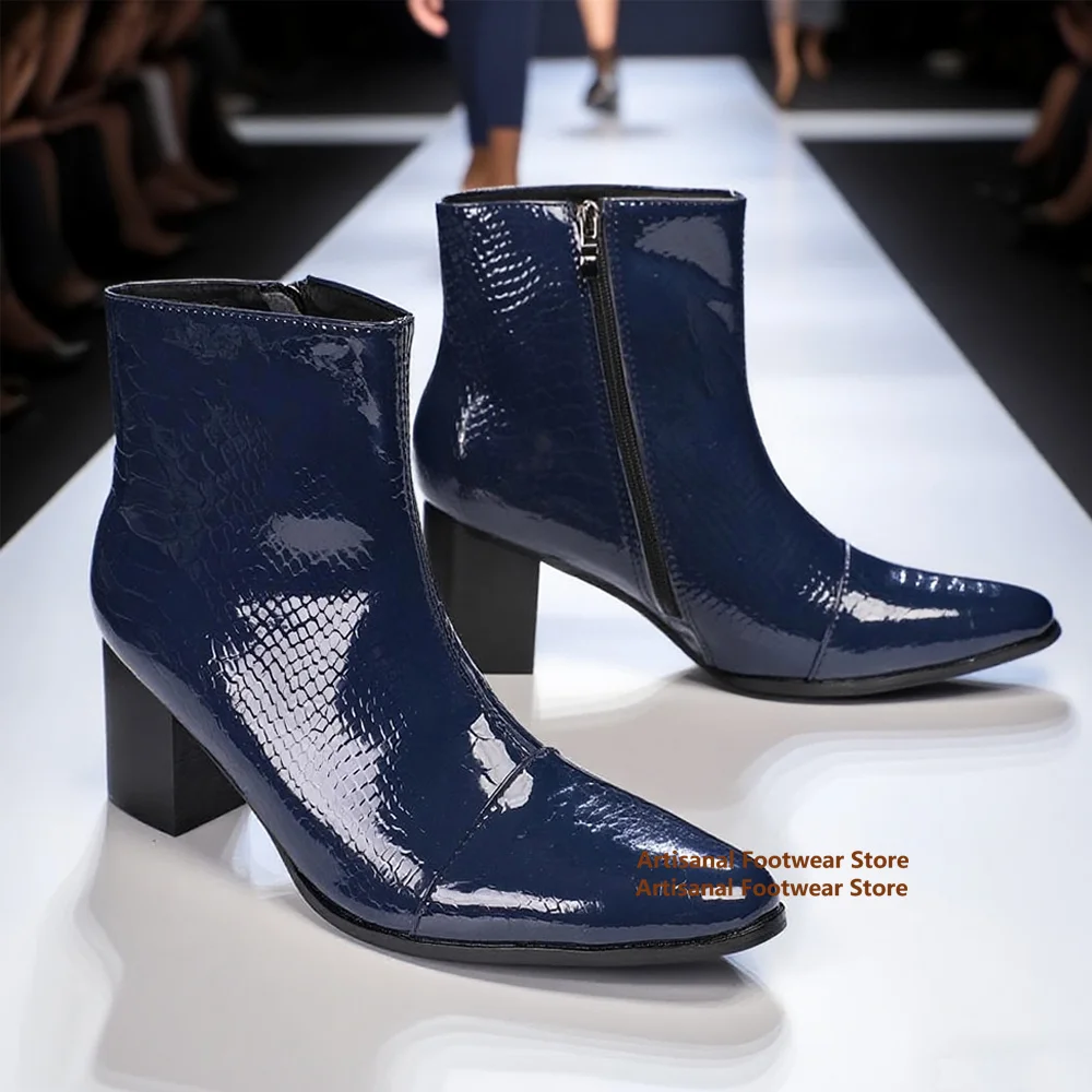 

Dark Blue Men Boots Side Zipper Leather High-Top Booties Luxury British Style Handmade Botas High Heel Party Men Shoes