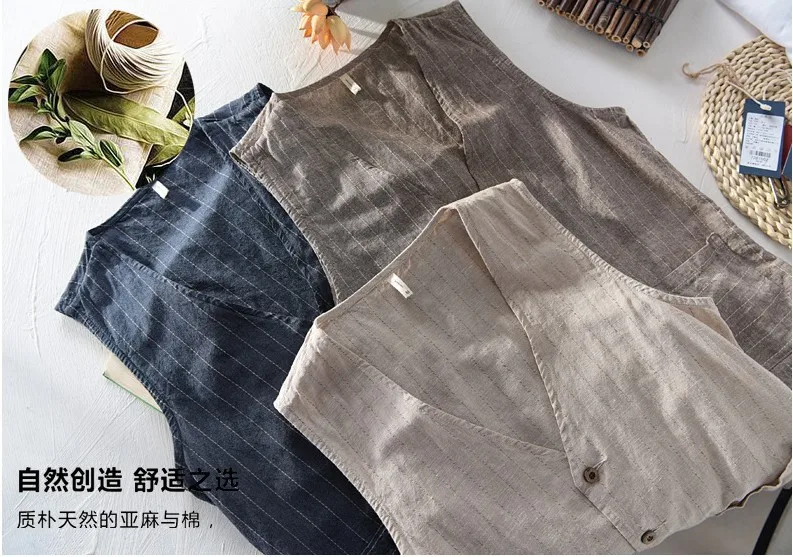 2024 Fashion Striped  Vest for Men Casual Linen Loose Fitting Waistcoat