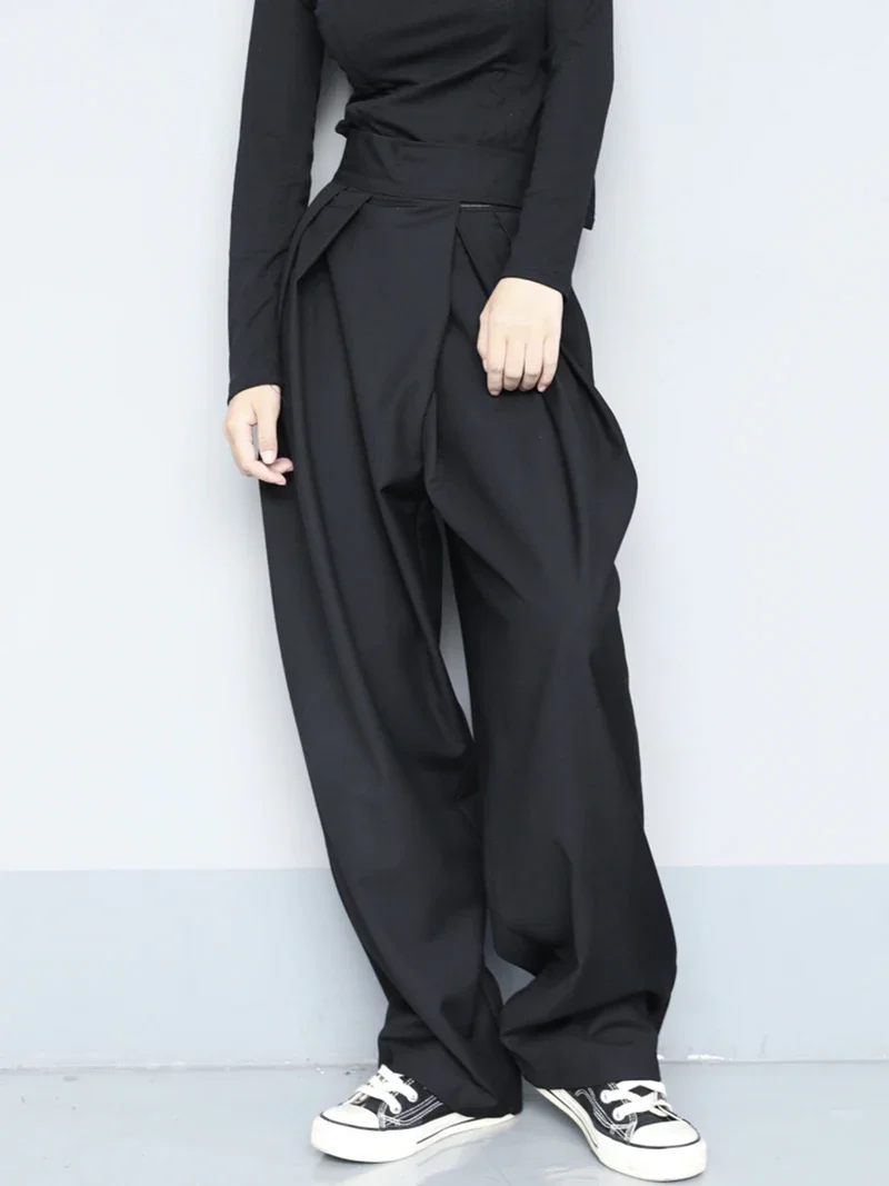 2023 High Waist Black Brief Pleated Long Wide Leg Trousers New Loose Fit Pants Women Fashion Tide Spring Autumn