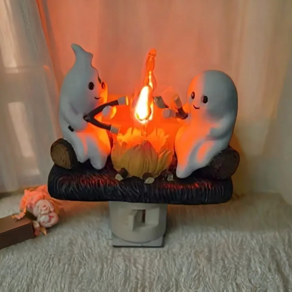 2024 Ghost Campfire Flickering Nightlight Night Light Plug Wall Spooky Fire Marshmallow Night Light Halloween Gifts