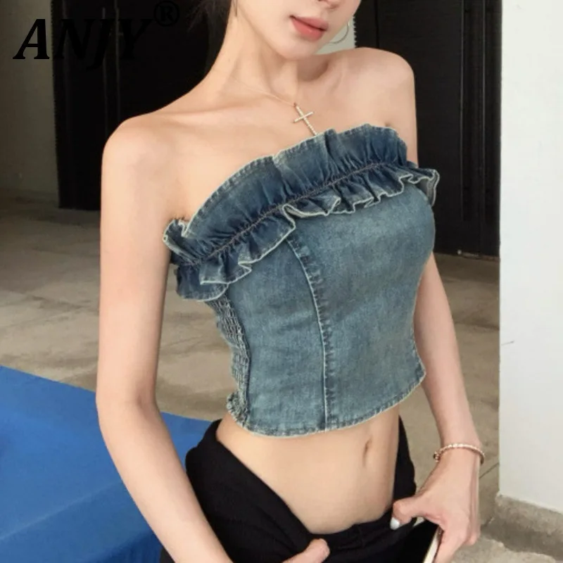 

ANJY Summer New Women Chic Sexy Tank Top Ruffles Off-Shoulder Strapless Backless Sim Fit High Street Tide Short Denim Vest A9131