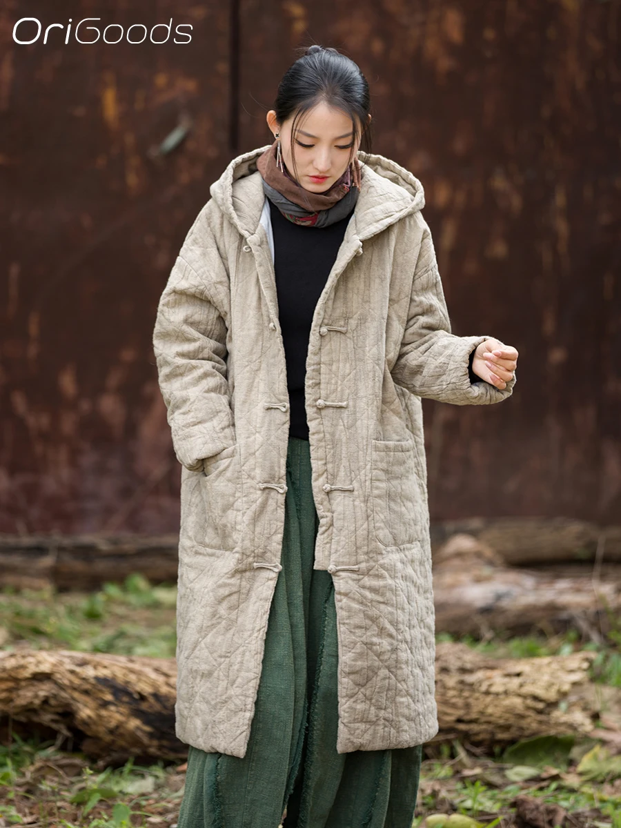 OriGoods Hooded Parka Jacket Woman Cotton Padded Winter Coat Long Warm Vintage Oversized Chinese Winter Clothes Outerwear B356