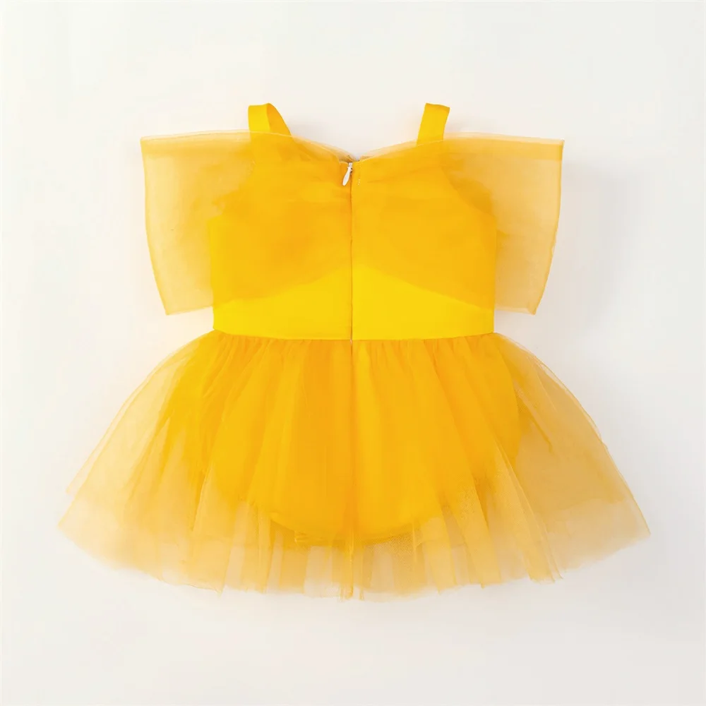 2026 New Baby Yellow Fluffy Lace Clothing Infant Floral Crawl Party Dress Girls Climber Christening Gown Kids Birthday Baptism