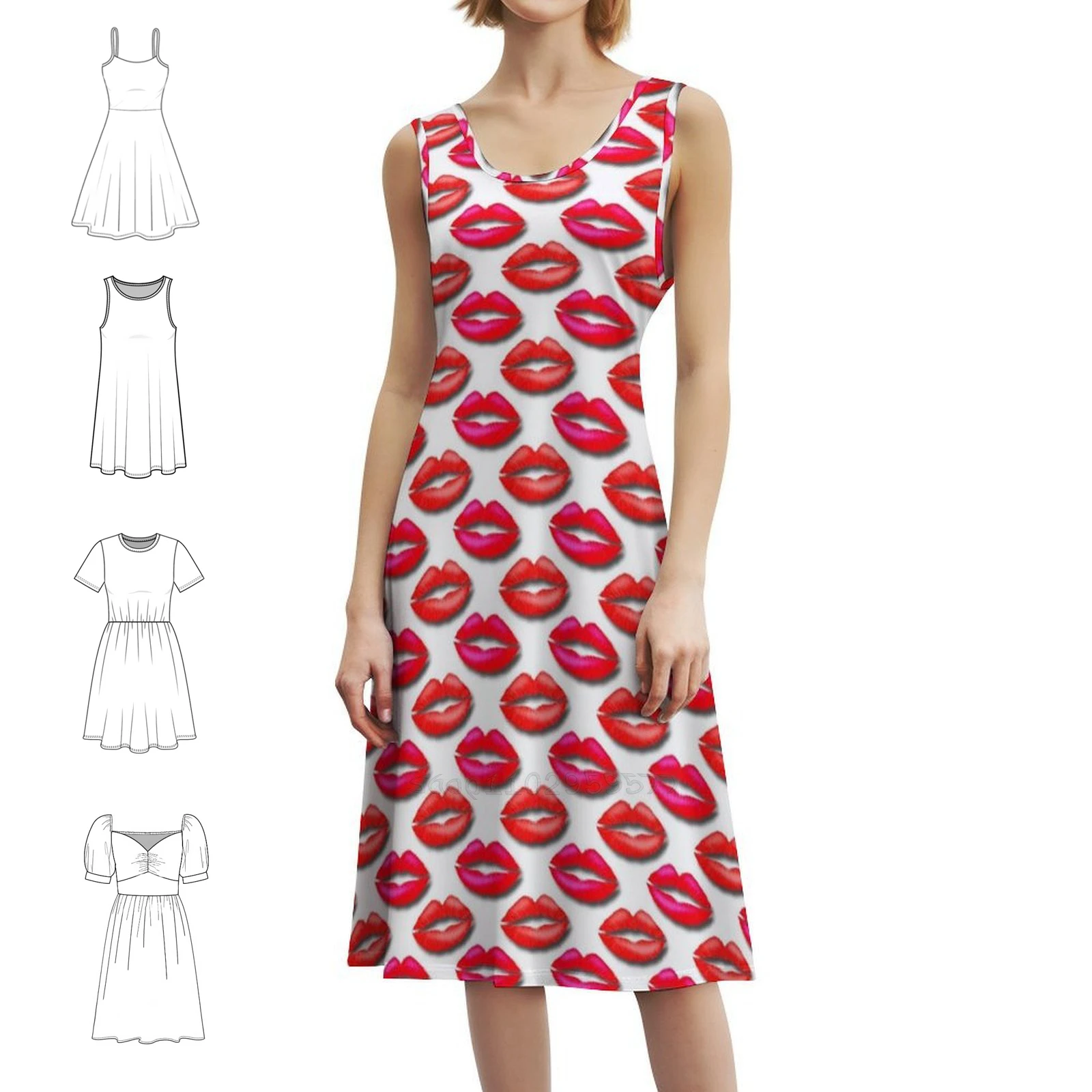 

Губная помада с красным и розовым узором, женское элегантное праздничное платье, платье трапециевидной формы с короткими/длинными/без рукавов, губная помада, красная помада