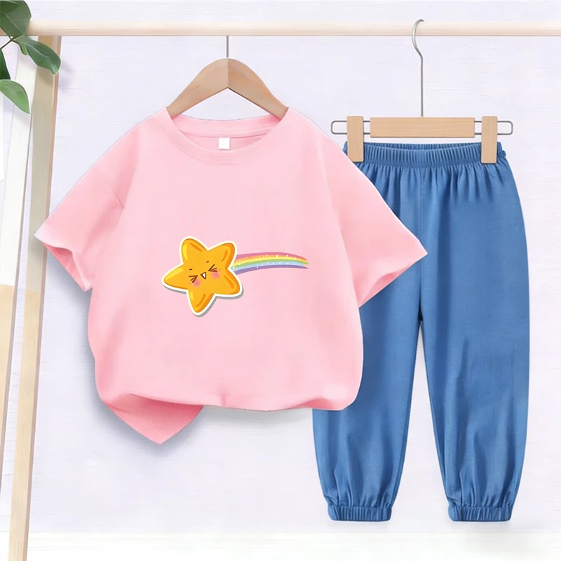2Pcs Girls Fashion Cute Cartoon Print Outdoor Casual Clothing Set T-shirt and Denim-like Thin Mosquito-proof Long Pants Set Wear