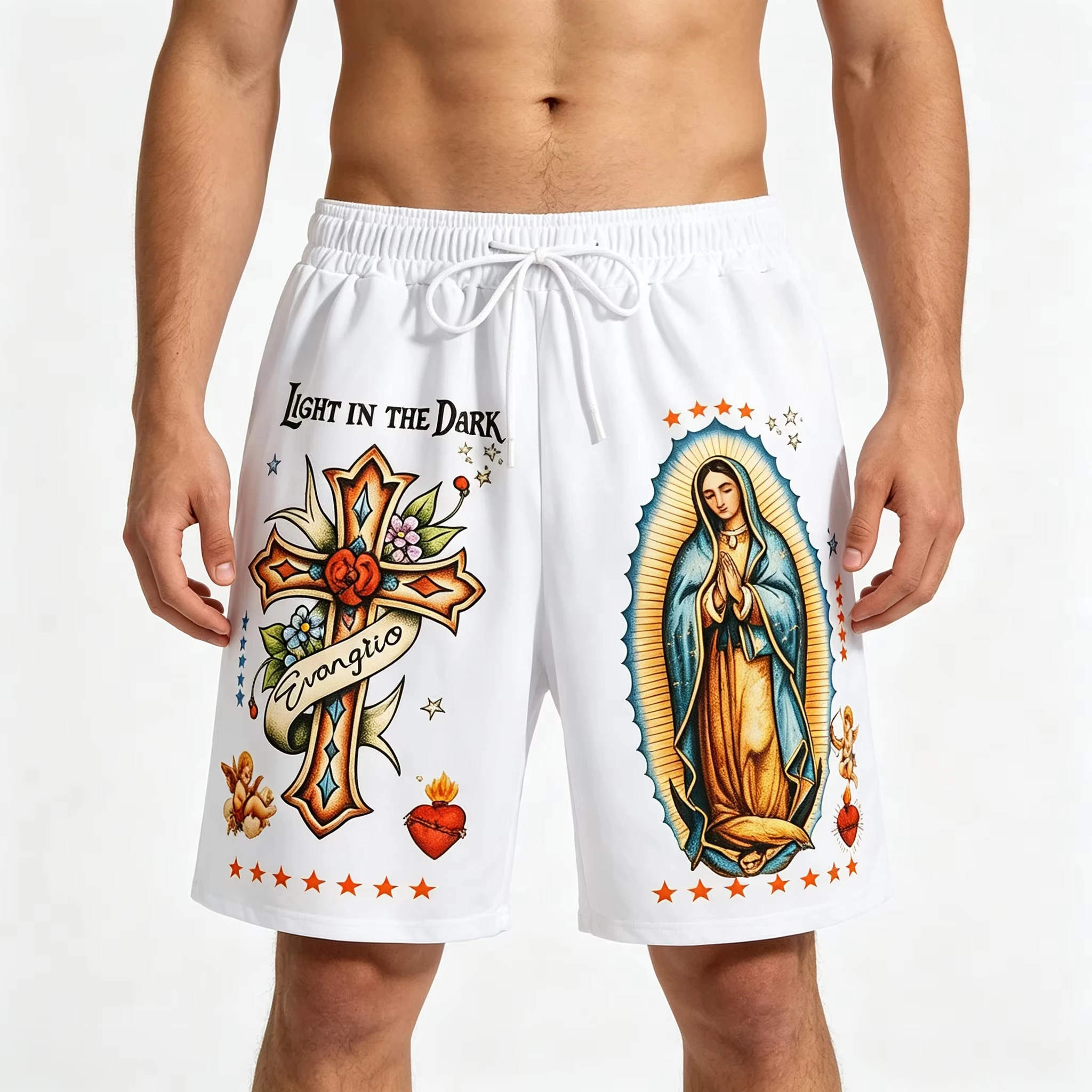 Fashion Virgin Mary and Cross Print Shorts Quick Dry Training Shorts Pants Suitable for Daily Wear and Training Y2K Trend Shorts