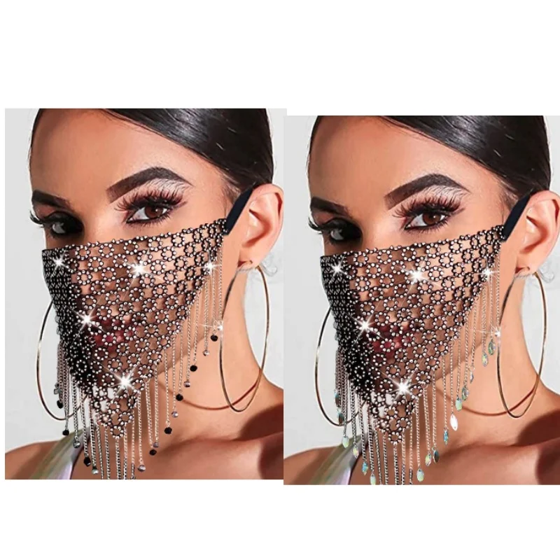 الترتر لامعة حجر الراين شرابة قناع الوجه بلينغ الحجاب قناع معدني كريستال الرقص تأثيري حفلة تنكرية الوجه مجوهرات اكسسوارات