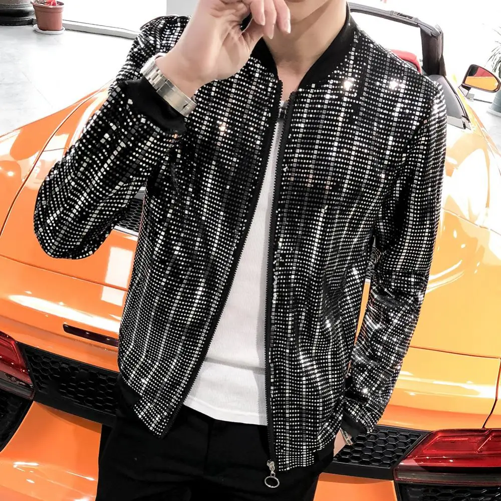 

Shiny Sequins Men Jacket Fashion Long Sleeve Coat Autumn Slim Fit Zip Pocket Coat Nightclub Singer Jacket Male Sunscreen Coats