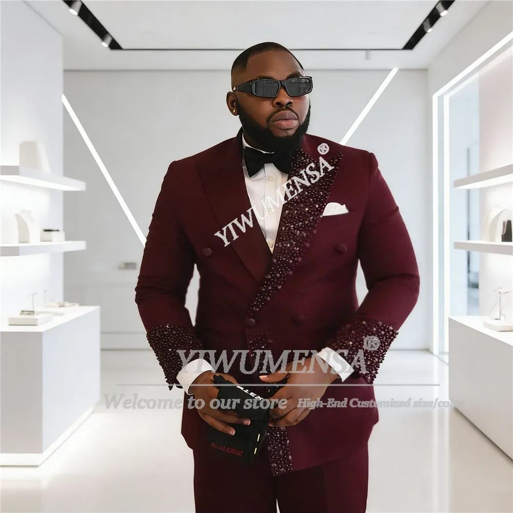 

Мужской костюм с уникальным дизайном, бисером и жемчугом, больших размеров, двубортный пиджак и брюки, комплект из 2 предметов, смокинг для жениха, индивидуальный пошив, мужская одежда