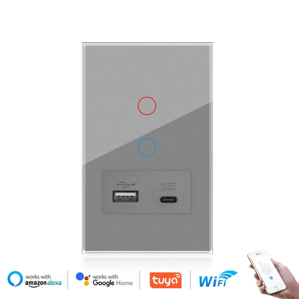 مفتاح مقبس الحائط الزجاجي Tuya Smart Wi-Fi مع USB Type-C، متوافق مع Alexa وcHome Control