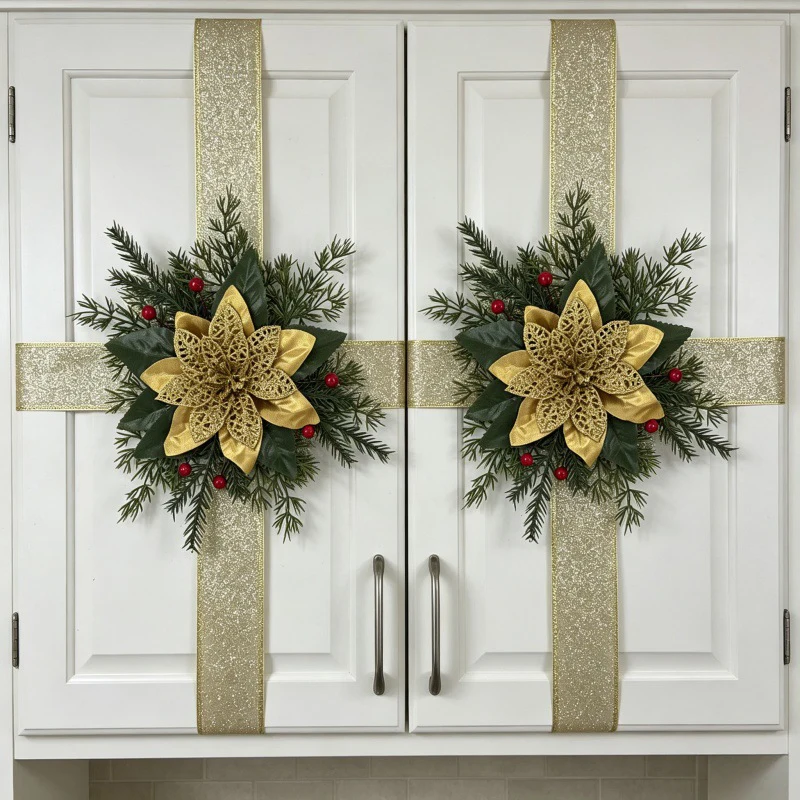 Christmas Pendant DIY Christmas Poinsettia Flowers with Red Ribbon Wreath Supply Artificial Flower Vine Christmas Decoration