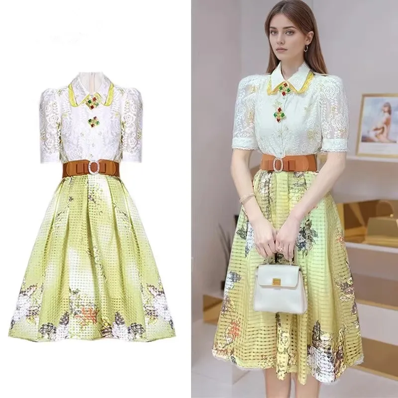 High Quality Women Summer 2 Piece Set Polo Neck Short Sleeve Shirt Tps+High Waist Long Flower Print Party Casual Skirt Sets