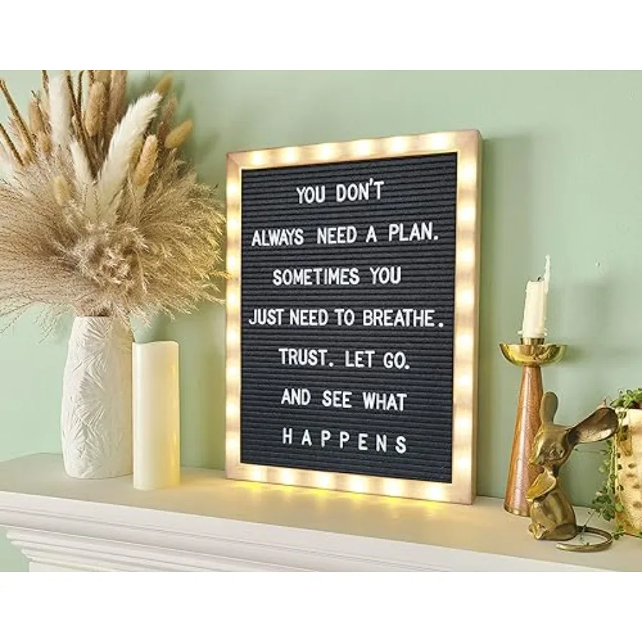 Letter Board THE ORIGINAL Felt Board with Stand Built-in LED Lights 12 x 16 -Menu Board + Wood Frame 690 Letters Emojis + Cursi