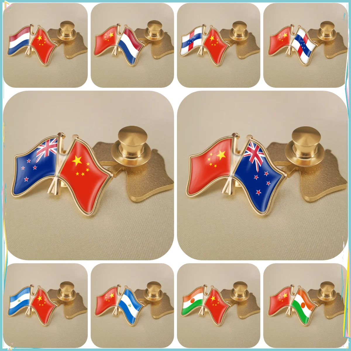 China and Netherlands Netherlands Antilles New Zealand Nicaragua Niger Crossed Double Friendship Flags Lapel Pins Brooch Badges