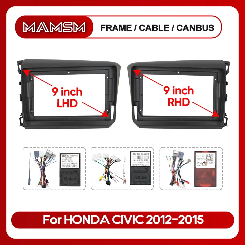 9 inch For Honda Civic 9 FB 2012-2015 Car Radio Face Frame  Fascia Stereo Panel Mounting Head Unit Canbus Cable Dash Panel kit