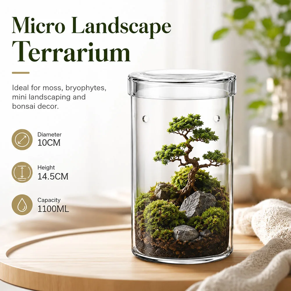 Micro Landscape Moss Bryophyte Cylinder Glass Bottles with Lid Glass Terrarium Mini Fish Tank Landscaping Bonsai Home Decor