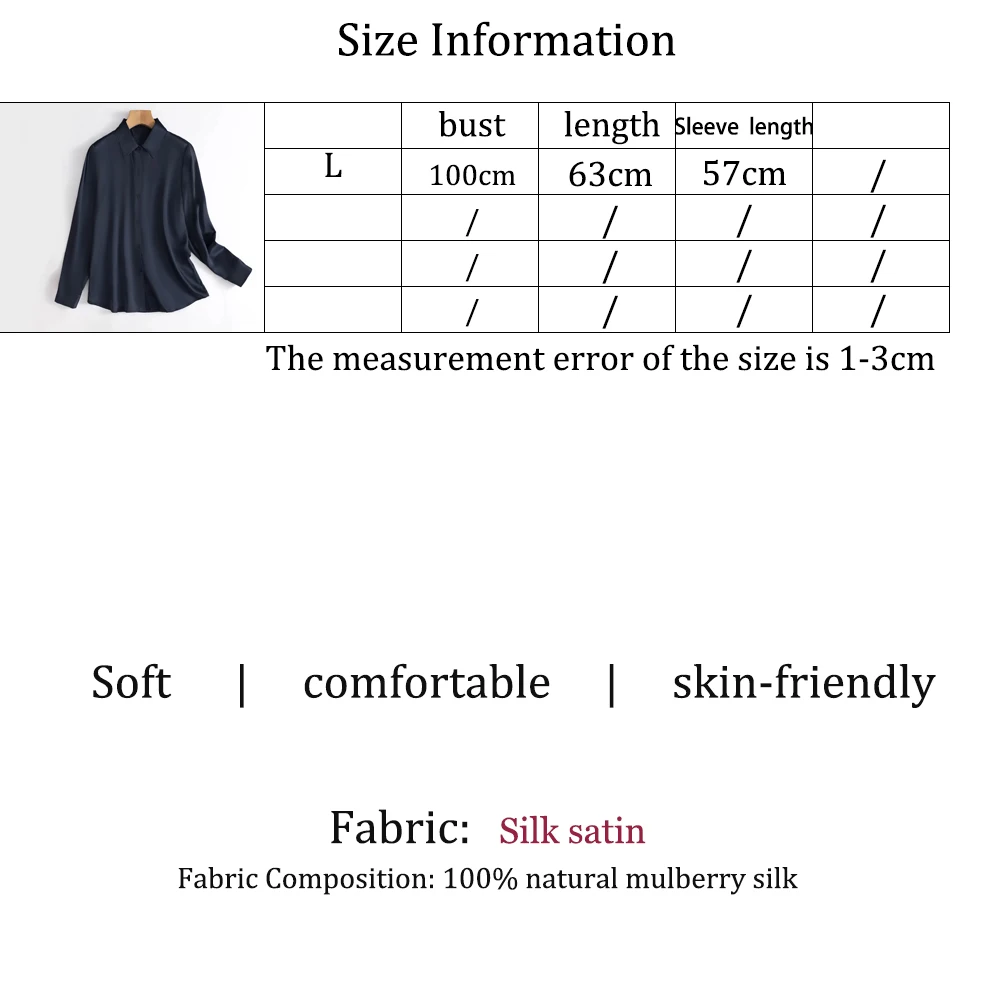 2026 Women's Fashion Autumn Clothing 100% Natural Mulberry Silk Plain Satin Navy Blue Turn-down Collar Long Sleeved Shirt