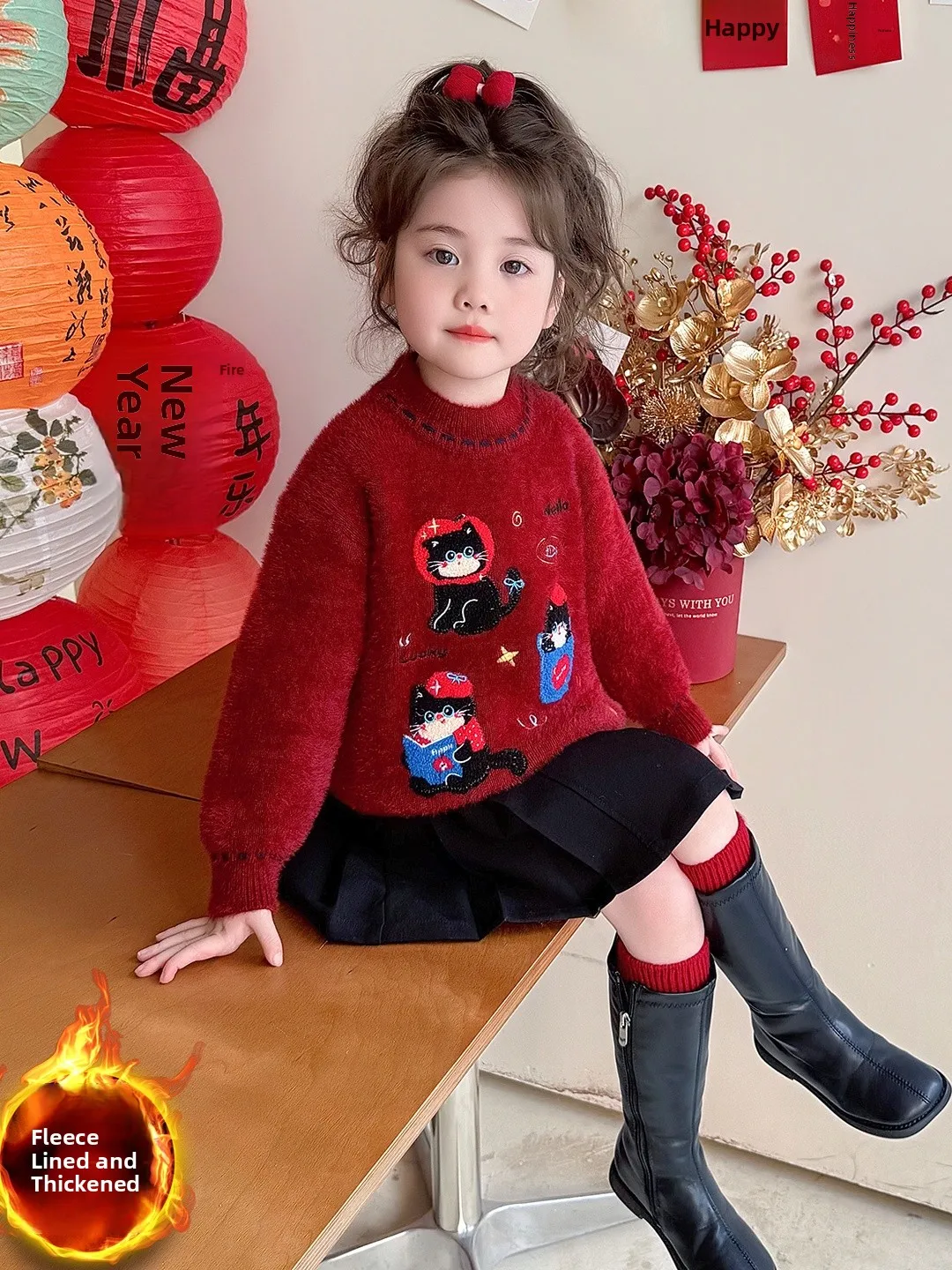 

Thiened Inteated Fce Knitted Sweater for Girls Winter Sle Overhead Chinese Sle Baby Girl's Clothing f High Collar