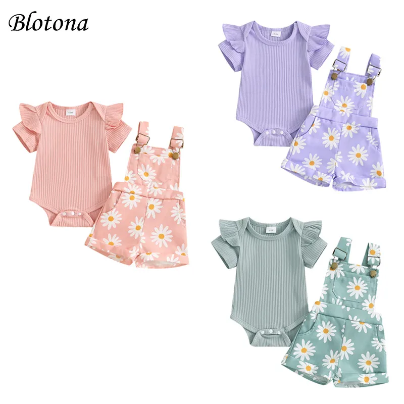 

Blotona Lovely Baby Girls Shorts Set, Short Sleeve Romper with Flower Print Suspender Shorts Summer Outfit