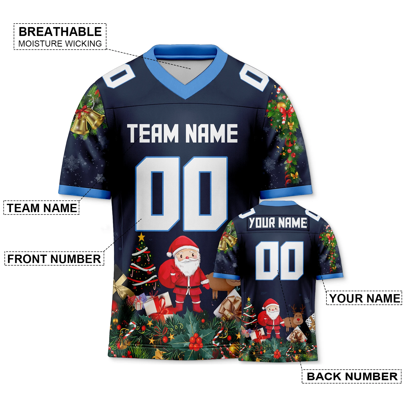 Navy Blue Christmas American Football Jersey Custom Name Number Santa Festive Winter Sportswear for Fans Men Women Youth Kids