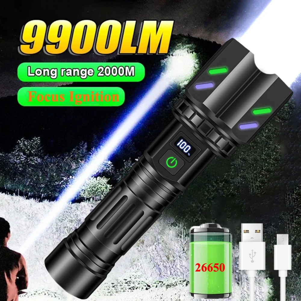 High Power Tactical LED Flashlight USB Rechargeable Zoom Emergency Handlamp with Ignition Lens for Outdoor Camping Hiking