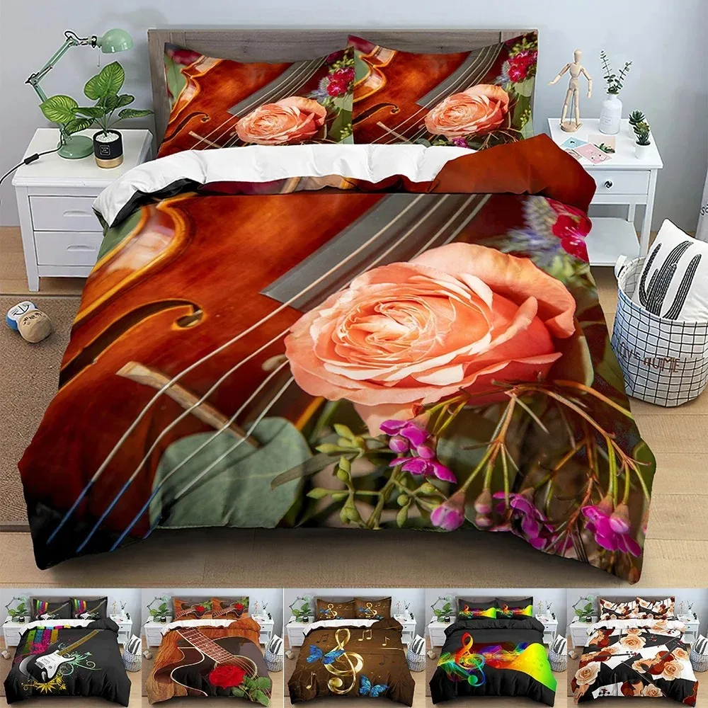 

Music Bedding Set Rose Violin Printed Duvet Cover Set Twin King Queen Comforter Covers With Pillowcase Quilt Cover Home Textile