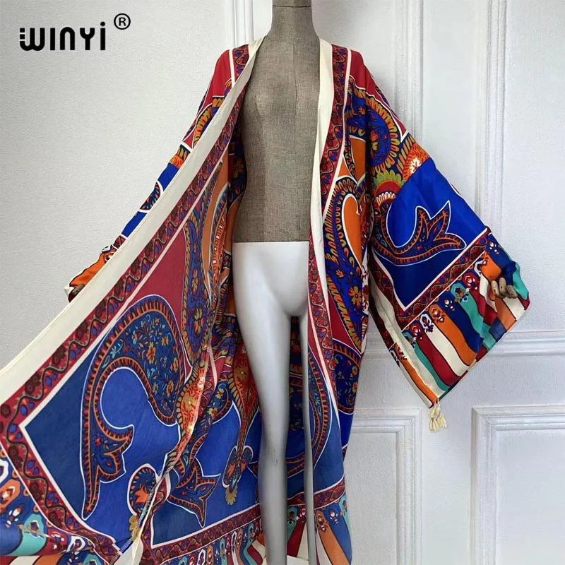 Winyi Zomer Nieuwe Boho Print Strand Cover Up Zwempak Elegant Afrikaanse Vrouwen Vest Sexy Vakantie Lange Mouw Kimono Maxi Jurk