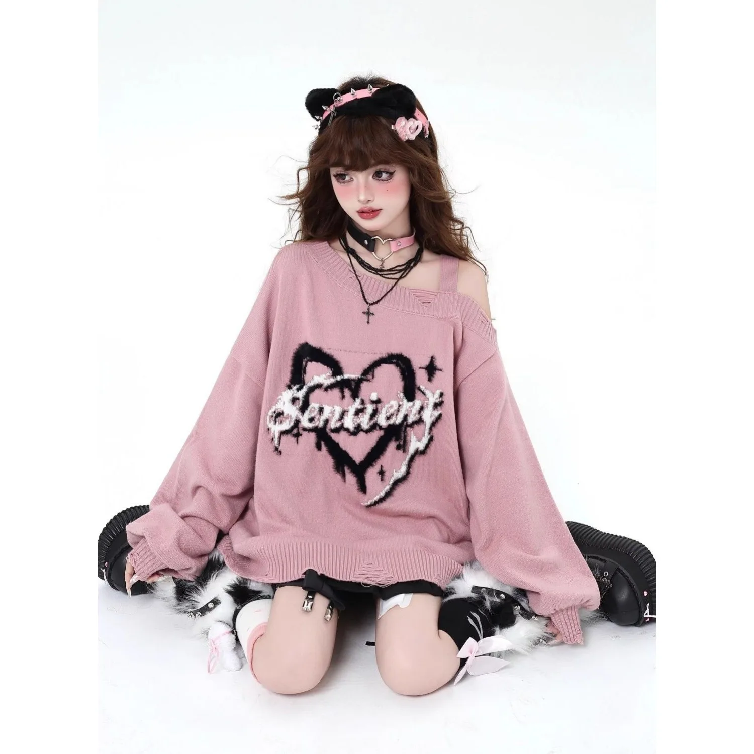 Autumn Winter Coat Gothic Sweater Knitted Pullover Harajuku Y2k Tops Grunge Strapless Loose Girl Streetwear Aesthetics Jumper