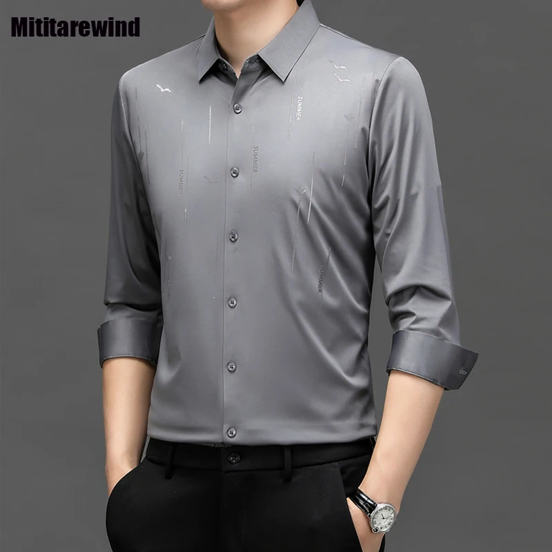 

Spring New Seamless Shirts for Men Business Casual Printed Long Sleeves Button Up Shirt Men Fashion Simple Tops Chemise Homme