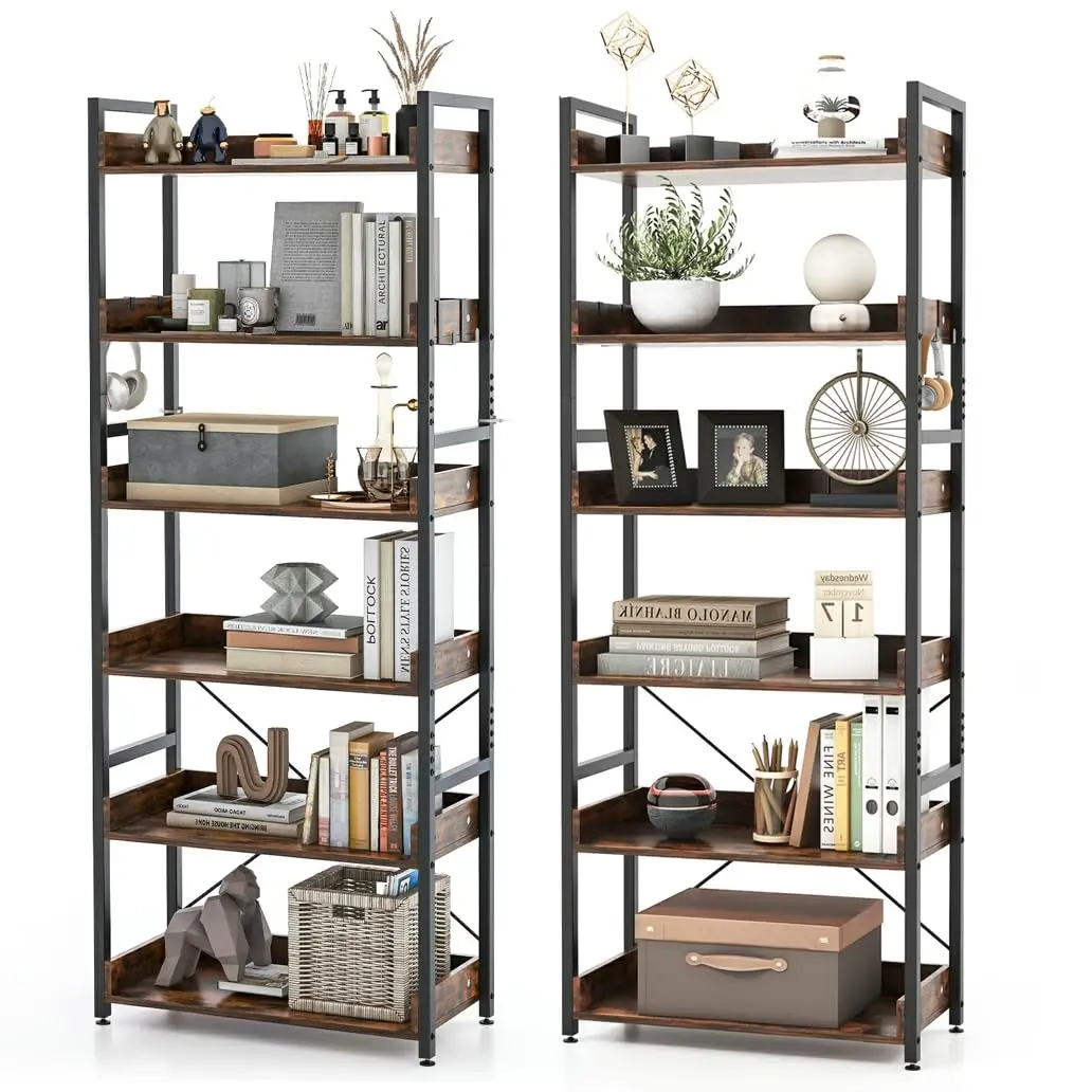 6-Tier Bookshelf 2-Pack 70in Tall Open Rack With Adjustable Foot Pads & Hooks Industrial Storage For Living Room , Customized