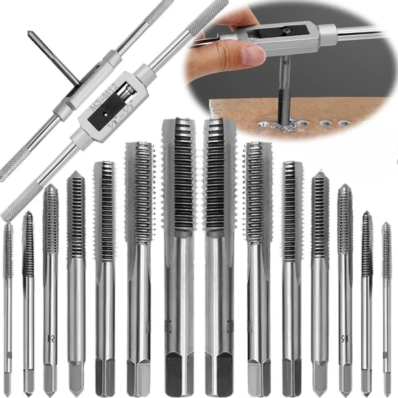 M3-M12 High Speed Steel Metric Plug Taps Set Tapping Tools Adjustable T-Handle Wrench Thread Handle Tap Holder Reamer Wrench