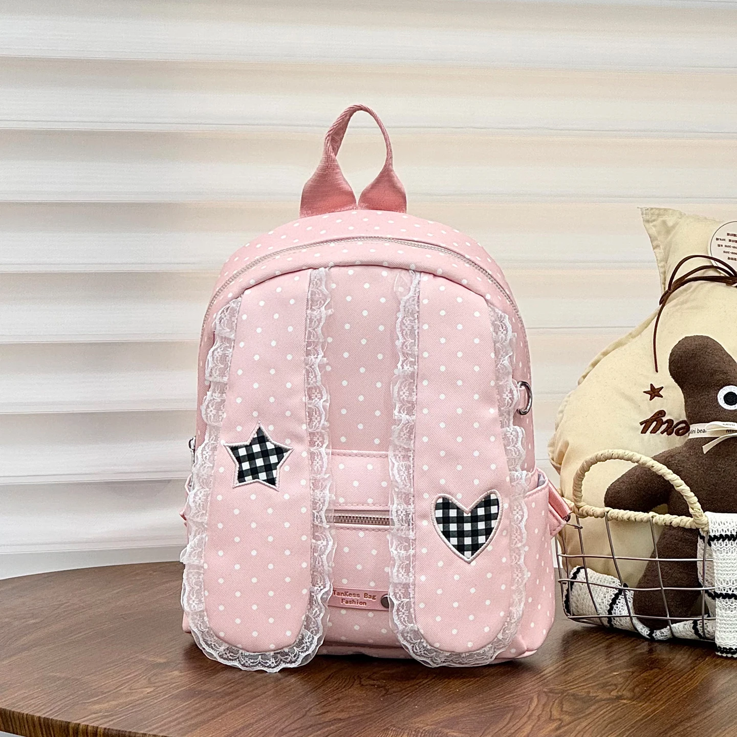 Korean Fashion Kawaii Polka Dot Bunny Ear Backpack Lace Trim Casual Sweet Lolita Girls Mini Travel Rucksack Students School Bag