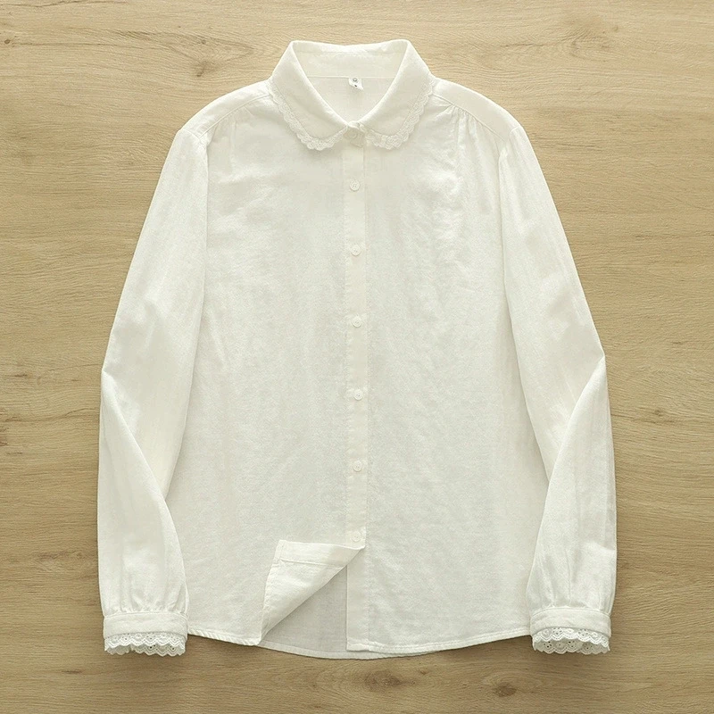 New 2026 Autumn Women Cotton Yarn Long Sleeve Shirt, Turn-down Collar Lace, Mori Girl Preppy Style Soft Loose Blouse T6O662CC