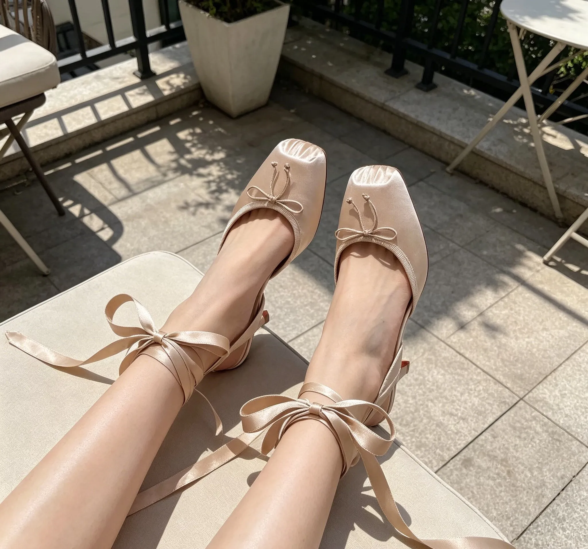 Nude Satin Lace Up Heels for Women, Square Toe Kitten Heel Sandals with Bow, Elegant Red Sole Slingback Pumps for Wedding Party view 3