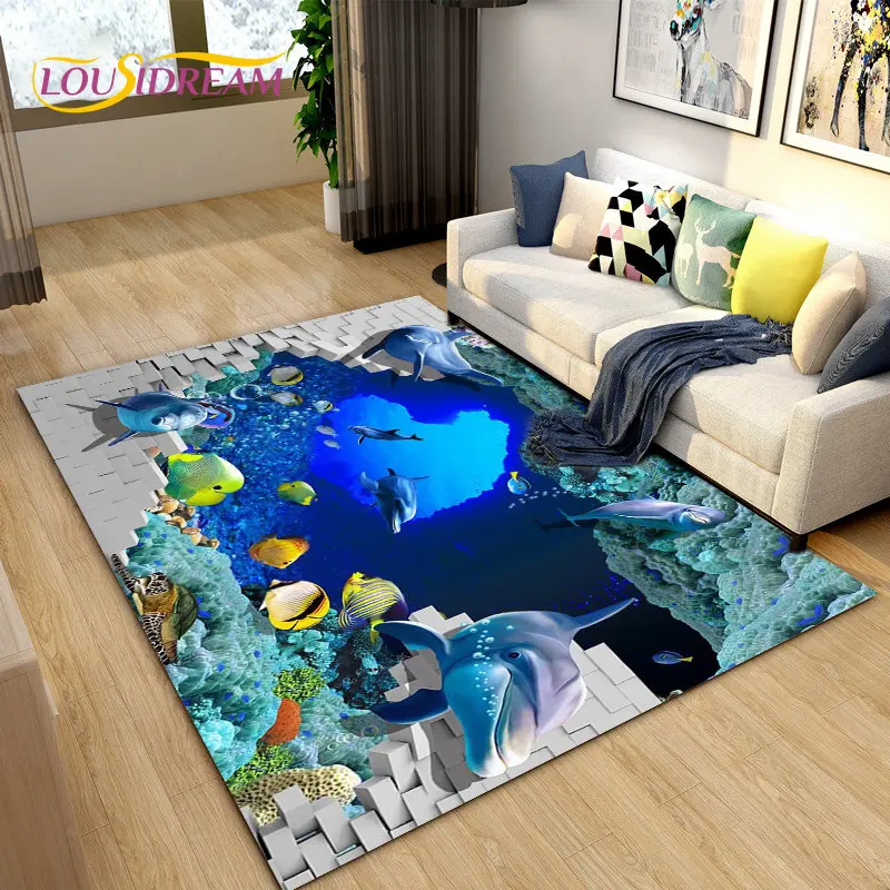 3D Seabed Illusion Underwater World Dolphin Shark Area Rug,Carpet Rug for Living Room Bedroom Sofa Doormat,Non-slip Floor Mat