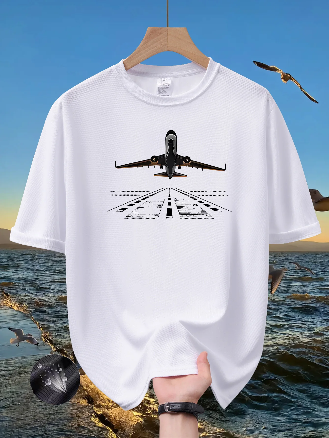 Men's Ice Silk Mesh T-shirt Airplane Runway Print Quick Dry Short Sleeve O-neck Oversized Casual Streetwear Tops