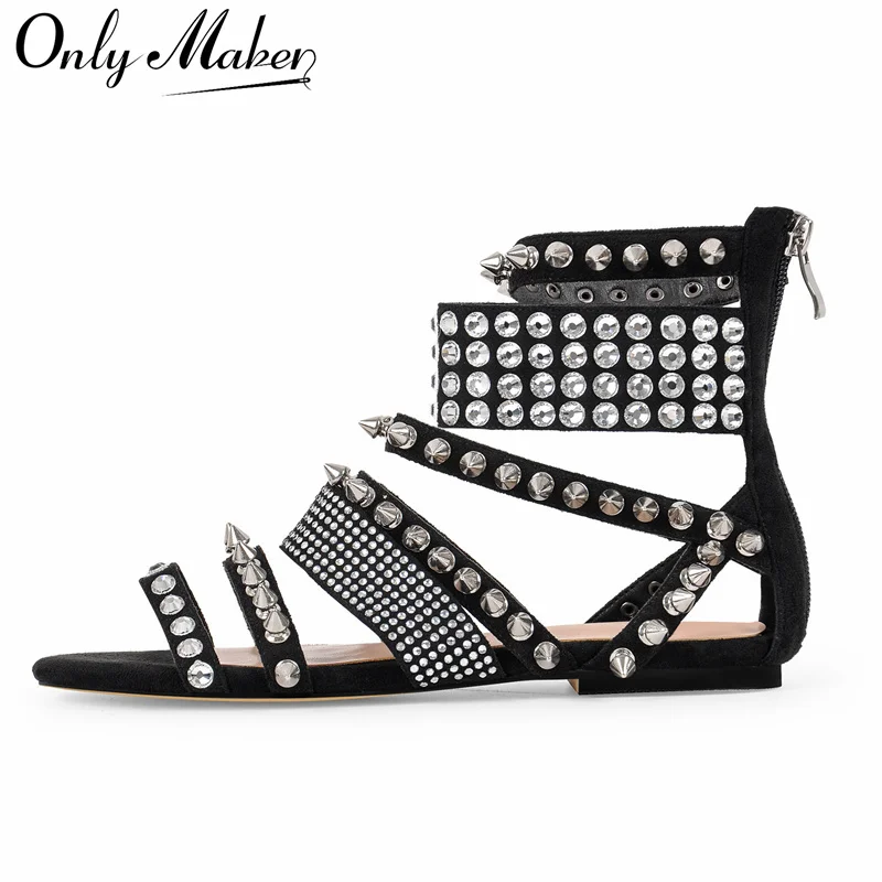 

Onlymaker Womens Rhinestone Rivet Suede Back Zipper Flats Sandals Round Toe Casual Soft Fashion Summer Sandals