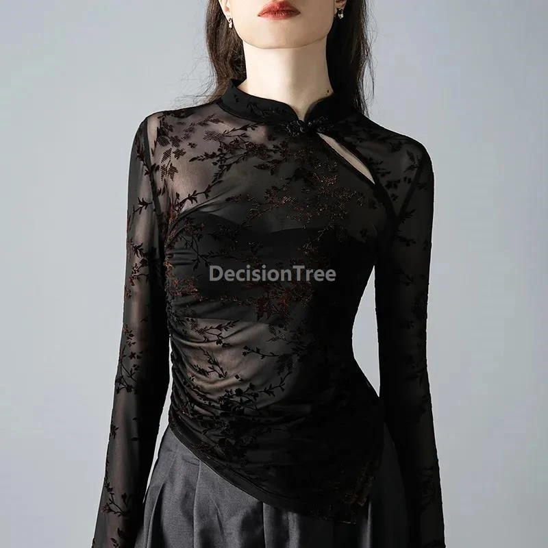 

2025 sexy thin gauze retro hollow out blouse autumn new irregular trendy design chinese qipao tops printing long sleeved shirt