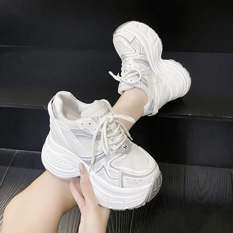 8cm New 2024 Synthetic Spring Fashion Women Comfy Vulcanize High Platform Brand Autumn Boots Chunky Sneakers Loafers Women Shoes