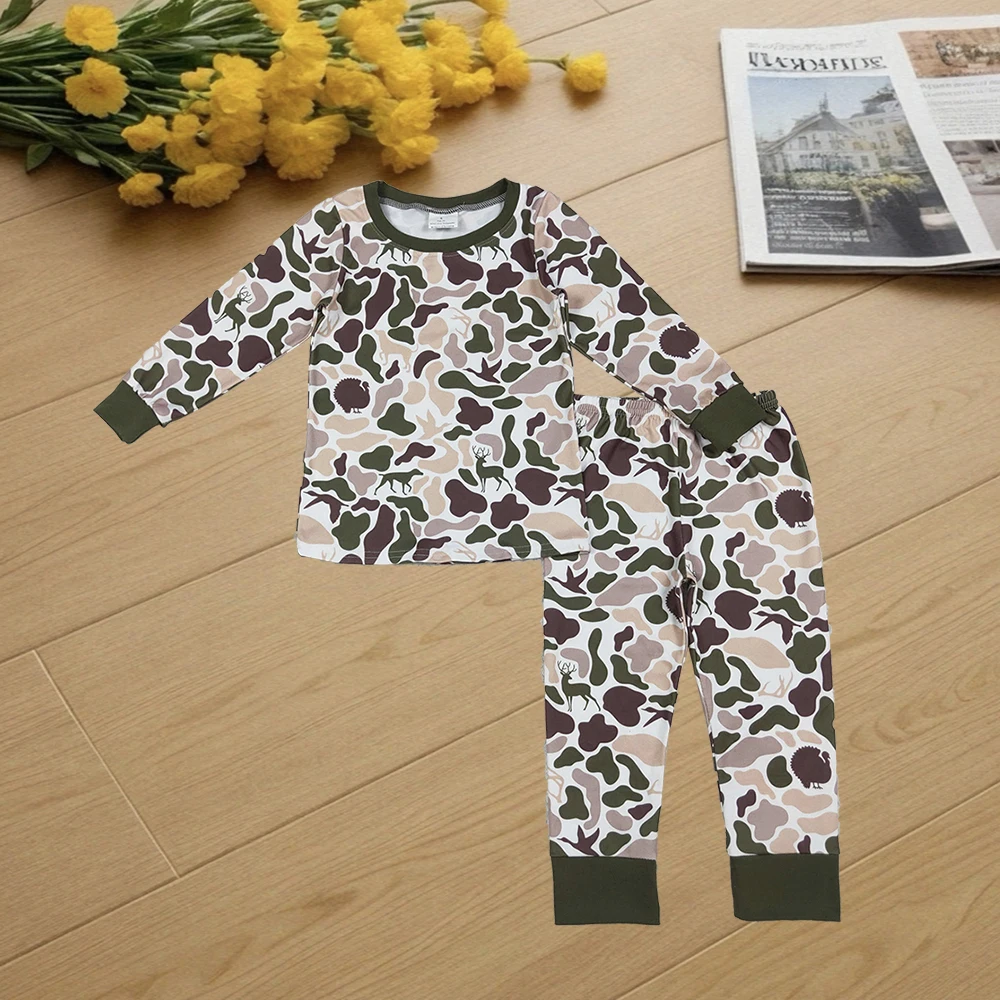 

9,22 Детская зимняя одежда для мальчиков, камуфляжный топ с изображением оленя, утки, собаки, штаны в стиле вестерн, пижамные комплекты