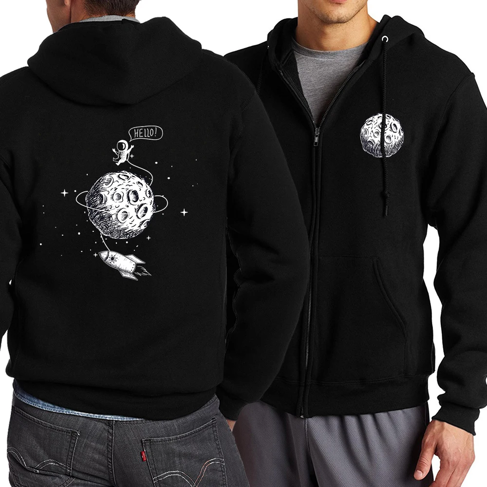 

Hello Astronaut Rocket Flying Around The Moon Printing Men Clothes Creative Warm Hoodie Oversize Casual Sweatshirt Man Zip Hoody