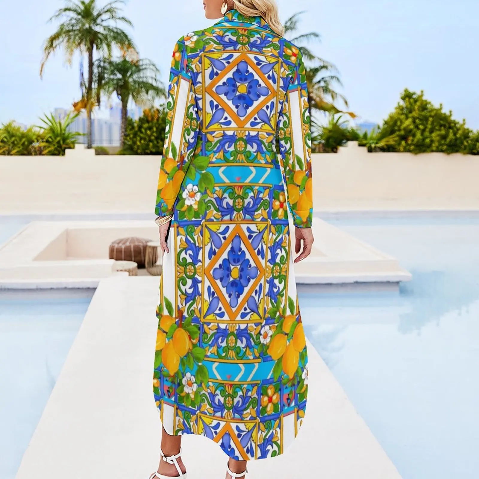 Summer ,Sicilian tiles ,citrus,lemons ,majolica Mediterranean Long Sleeved Shirt Dress Summer women's clothing