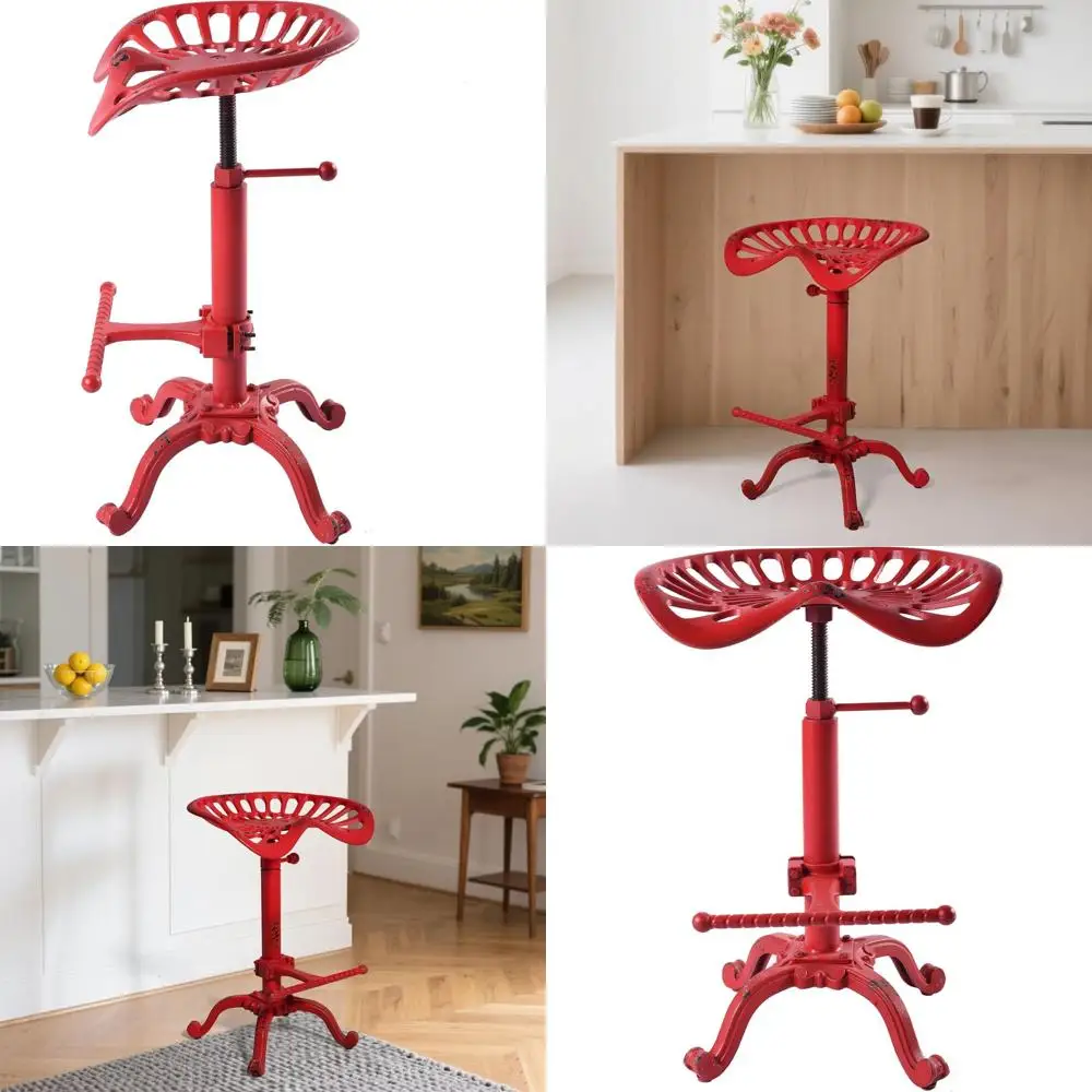 

Aged Red Cast Iron Adjustable Tractor Seat Bar Stool with Rustic Industrial Farmhouse Design