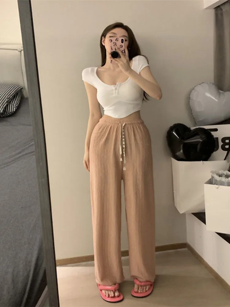 

Casual High Waist Loose Wide Leg Pants For Women Spring Summer Drawstring Female Floor-Length White Pants Ladies Long Trousers