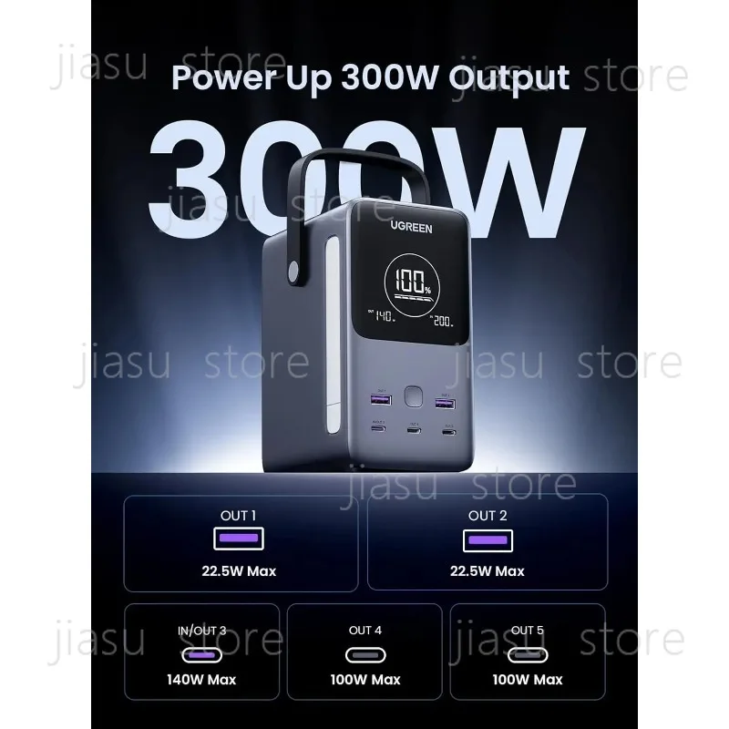 UGREEN 300W 48000mAh Portable Charger Power Bank with Smart Digital Display, Lighting and SOS Mode, 153Wh 5 Ports Battery Pack